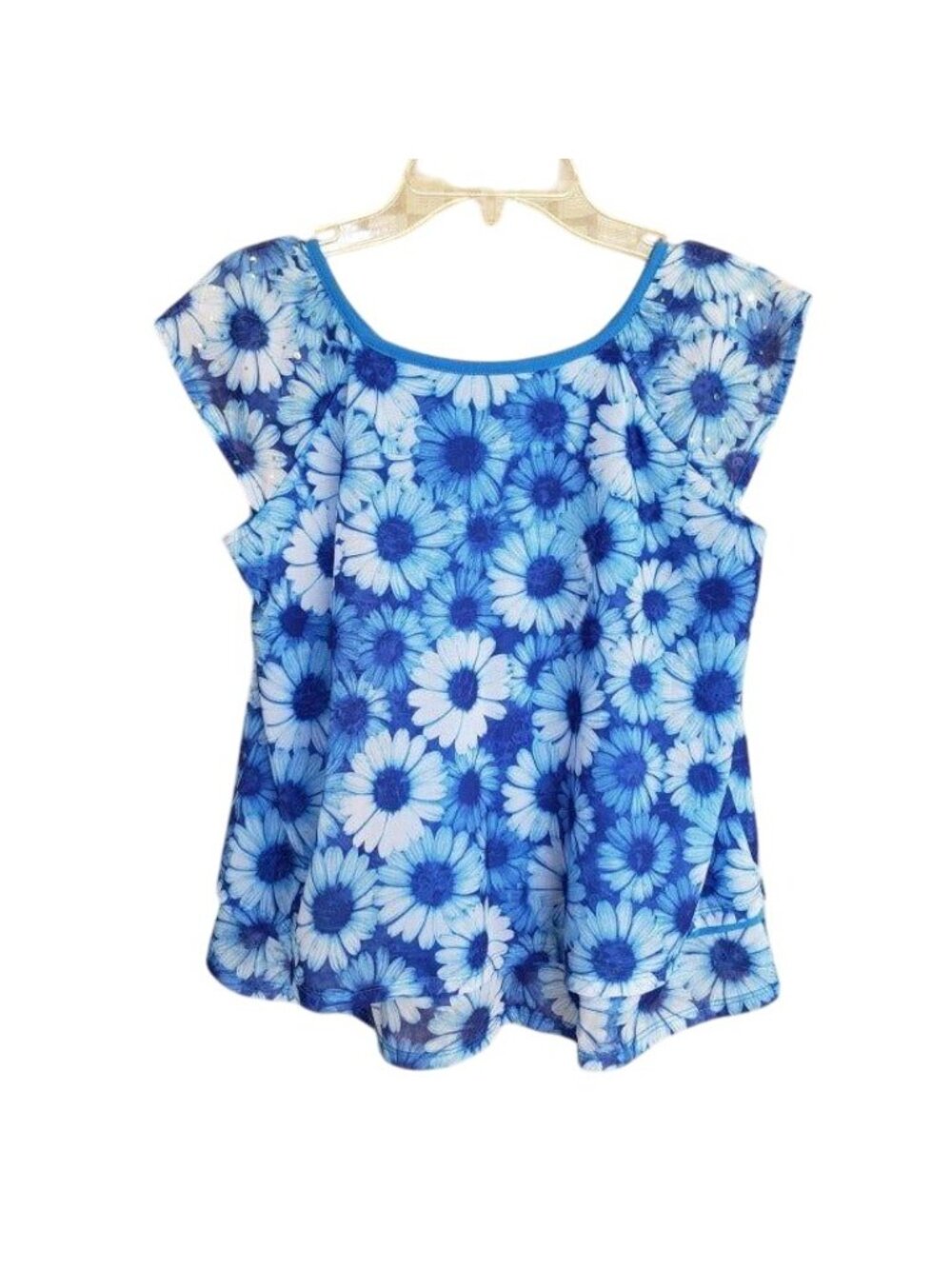 Justice Girls Top 16 Blue Sunflower Sleeveless Embellished Cottage Festive Boho - Picture 2 of 4